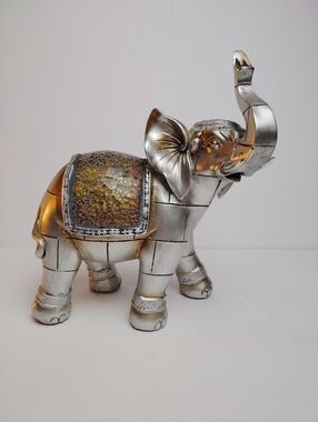 Elephant Figurine 8.5" Shelf Decor Silver and Gold Tone Lucky Trunk Up, Lovely!